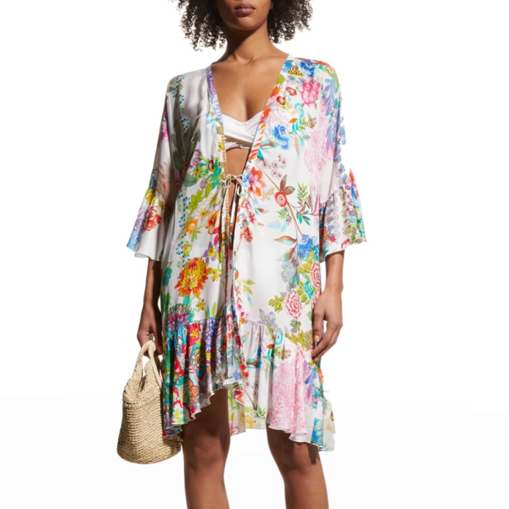 Johnny Was - Norah Ruffle White Multicolor Floral Open Front Kimono Coverup - XL